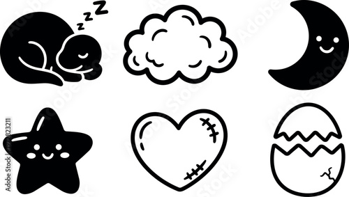 Cute sleeping cat cloud smiling moon star heart and cracked egg icons