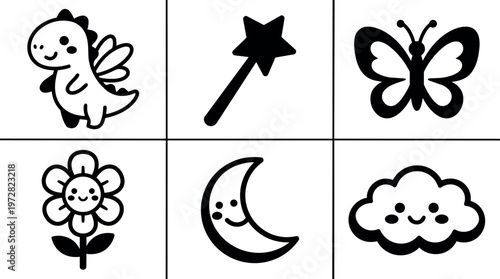 Cute black and white cartoon dinosaur butterfly flower moon cloud vector art