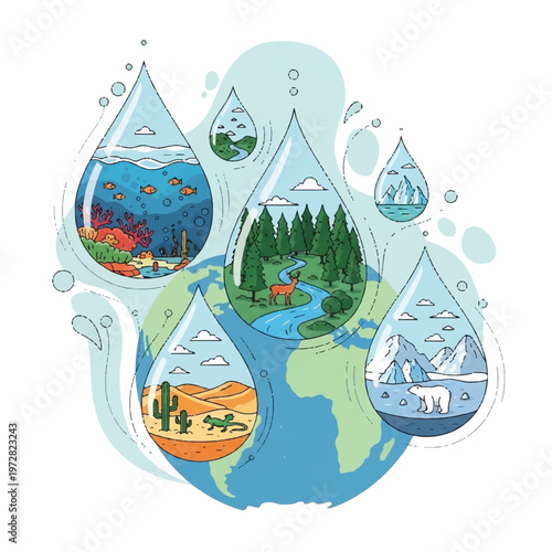 The globe showcases diverse ecosystems within water droplets, highlighting forests, oceans, deserts, ice caps, and wildlife.