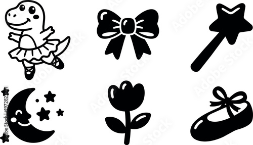 Black silhouette ballet dinosaur moon stars flower shoe bow and magic wand icons