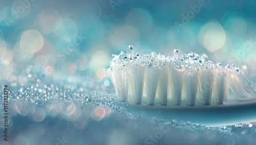 Close-up Macro Shot of a Toothbrush Bristles Covered in Water Droplets.