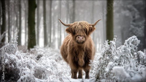 A Highland cow stands in a snow-covered forest, looking directly at the viewer