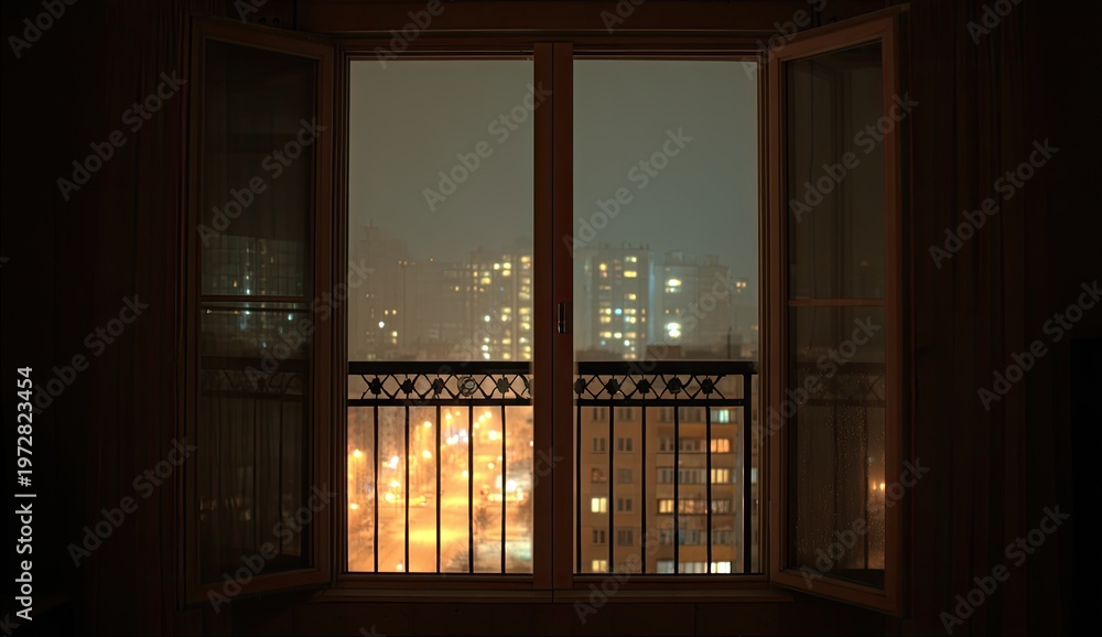 Fototapeta premium View from a balcony at night overlooking a city skyline with glowing lights.