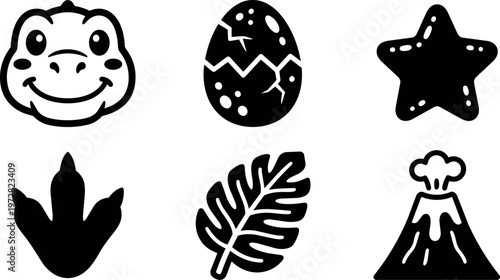Black and white cracked dinosaur egg face star footprint leaf and volcano icons