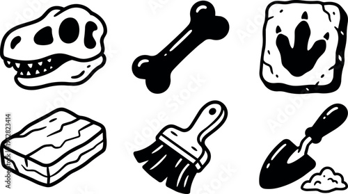 Black and white dinosaur skull bone fossil footprint brush and shovel vector art
