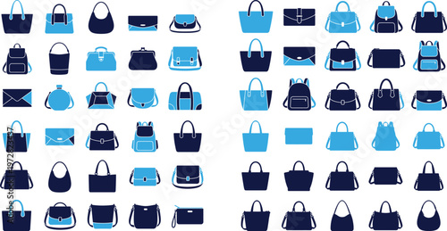 Assortment of handbags, purses, and bags, fashion accessories, illustration.