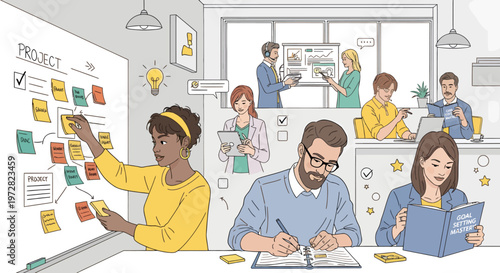 Teamwork project planning brainstorming office collaboration productivity illustration