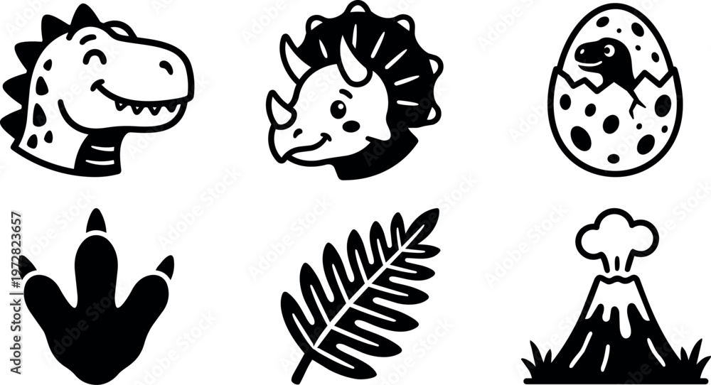 Fototapeta premium Black and white dinosaur icons including t rex triceratops egg footprint fern and volcano vector art
