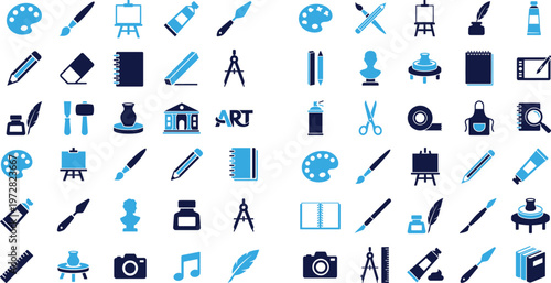 Art and craft supplies icons vector collection painting drawing sculpture tools.
