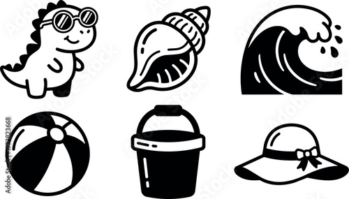 Cute dinosaur with sunglasses seashell wave beach ball bucket and sun hat black and white vector art