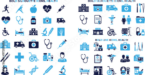 Healthcare and medical icons vector collection doctor hospital ambulance nurse.