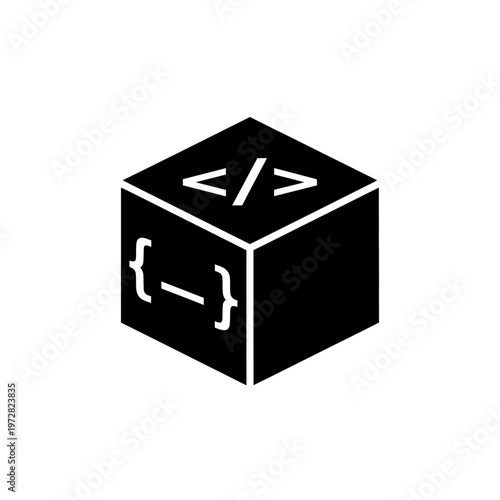 Geometric cube icon symbolizing programming with code brackets and angle brackets for technology and development
