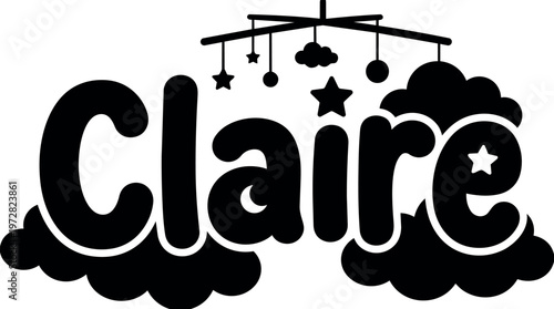 Black and white cloud and star letters spelling claire with mobile above