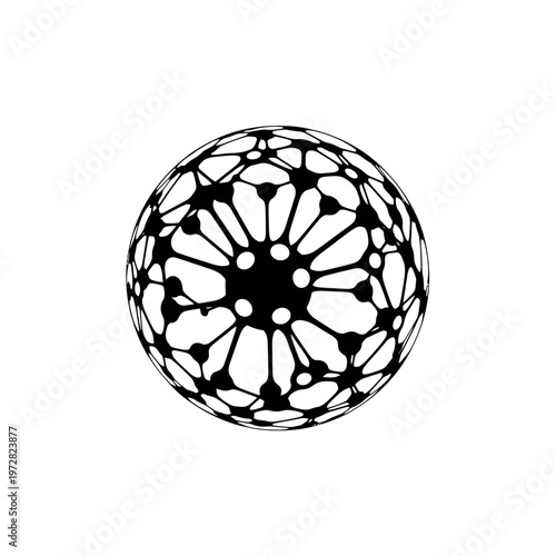 Abstract geodesic sphere structure with interconnected nodes and geometric patterns on a white background