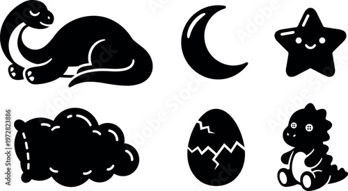 Black and white sleeping dinosaur moon star cloud cracked egg and toy dino vector art