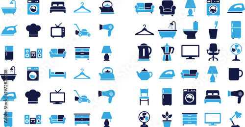 Household and kitchen appliances objects for domestic use icons set.