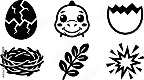 Black and white cracked egg baby dinosaur nest leaf and burst vector icons