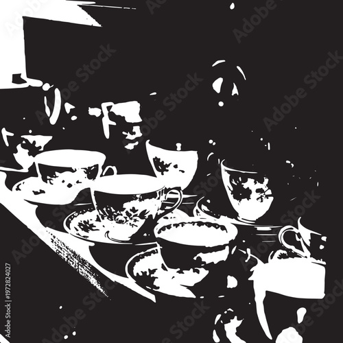 Halloween party invitation with cute cartoon cats and dogs drinking coffee and tea in black silhouette style set of fun spooky icons and elements