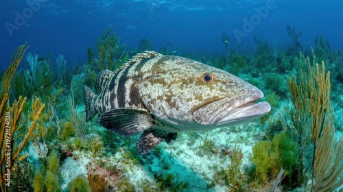 A large grouper swims among coral and marine plants, its open mouth visible