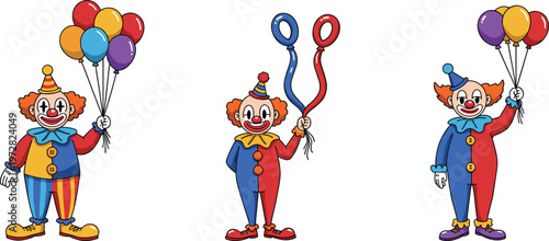Colorful cartoon clowns holding balloons, funny circus characters, party entertainment illustration, happy clown costume design, kids celebration artwork, festival