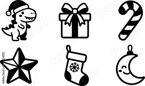 Black and white holiday icons with dinosaur gift star candy cane stocking and crescent moon