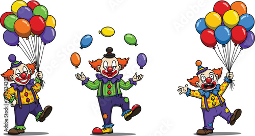 Colorful cartoon clowns holding balloons, juggling with vibrant balloons, playful clowns in festive outfits celebrating with fun