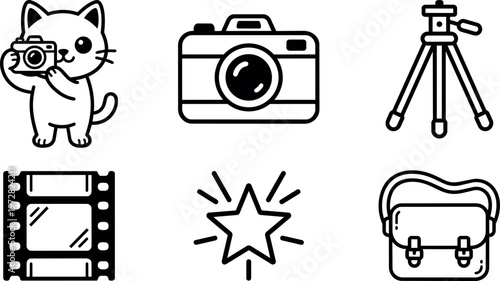 Cat holding camera with camera tripod film star and bag line icons
