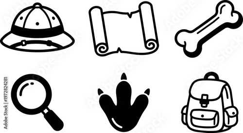 Black and white explorer hat map bone magnifying glass dinosaur footprint and backpack icons set