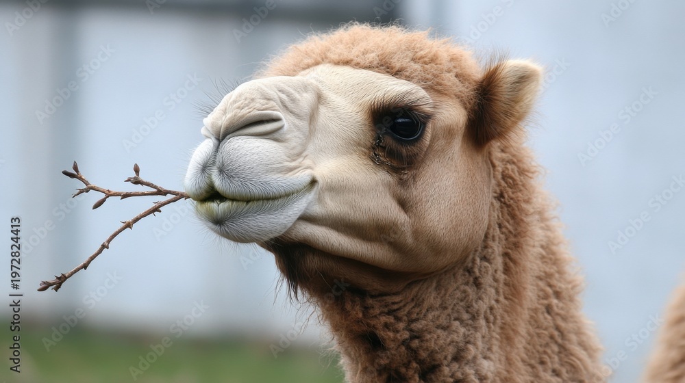 Fototapeta premium Camel with split lip chewing a twig