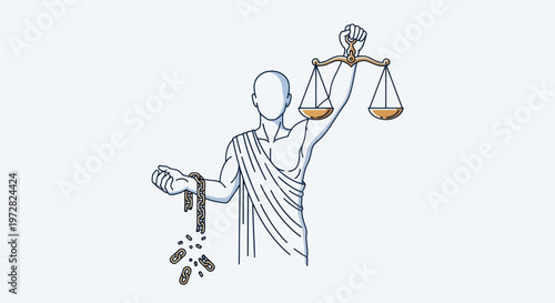 Justice figure holding scales and broken chains illustration.