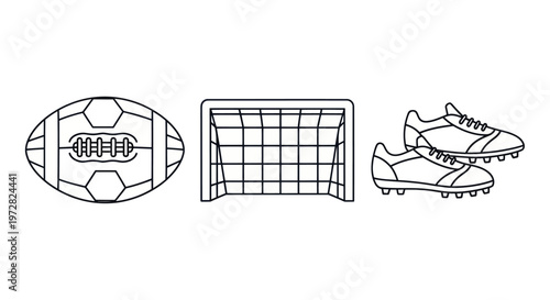 Outline illustration of sports equipment including a rugby ball, soccer goal, and cleats.