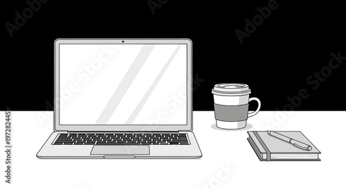 Laptop, coffee cup, and notebook on a desk.