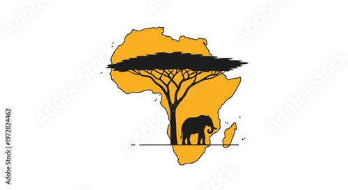 Stylized African Map with Elephant and Acacia Tree Silhouette.