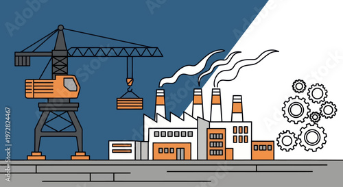 Industrial factory with crane and smokestacks.