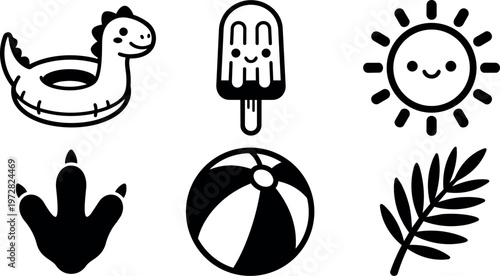 Black and white dinosaur float ice cream sun and tropical leaf vector art