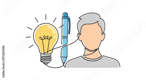 Man with lightbulb and pen idea.