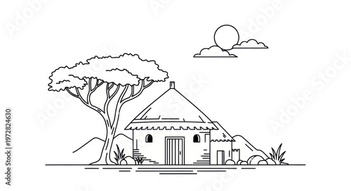 Traditional African Hut with Thatched Roof and Nearby Tree.