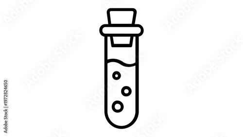 Minimalist black and white line vector illustration of a chemistry test tube icon with a cork stopper and bubbling liquid, ideal for science, education, laboratory, and research projects.