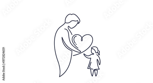 Minimalist line art illustration of parent and child sharing a heart symbol of love and care.