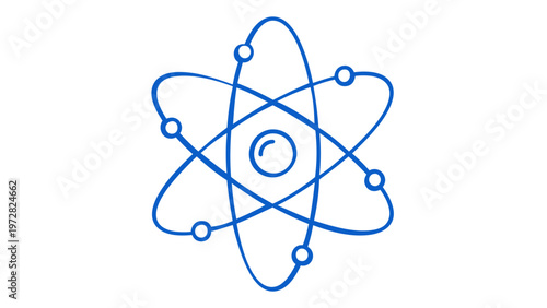 Blue minimalist line art vector icon illustration of an atom with a central nucleus and orbiting electrons, representing science, physics, chemistry, nuclear energy, and educational research.