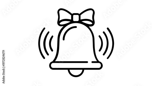 Ringing school bell vector icon with a decorative bow, minimalist line art illustration for education, notification alerts, and holiday celebrations, scalable flat design on white background.
