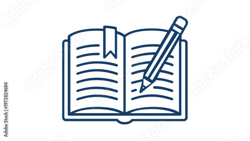 Minimalist Vector Icon Illustration of an Open Book with Bookmark and Pencil; Flat Line Art Design for Education, School, Writing, Reading, Studying, Literature, and Learning Concepts.