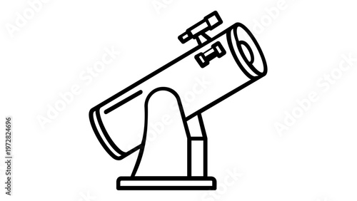 Minimalist telescope vector icon illustration for astronomy and science education. Scalable black line art design featuring an astronomical telescope for star gazing and space exploration.