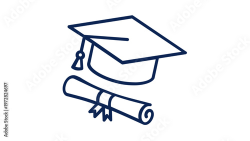 Professional vector icon illustration featuring a minimalist line art graduation cap and diploma scroll, symbolizing academic success, university education, school achievement, and learning.