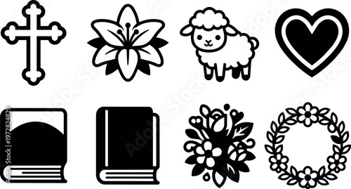 Black and white religious icons with cross flower sheep heart book and wreath