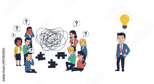 Businessman has an idea while others are confused.