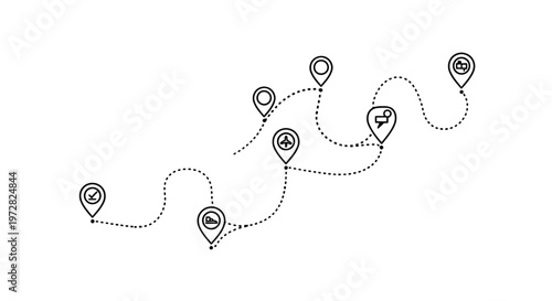 a black and white line drawing of a path with location pins.