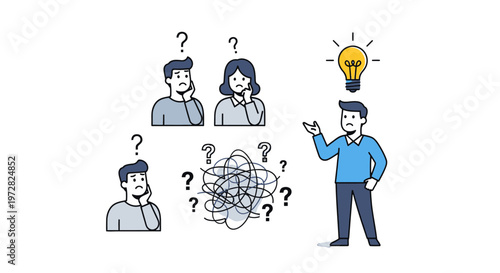 Businessman explaining idea to confused colleagues.