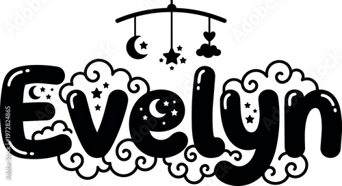 Black and white whimsical lettering evelyn with moon stars and cloud mobile