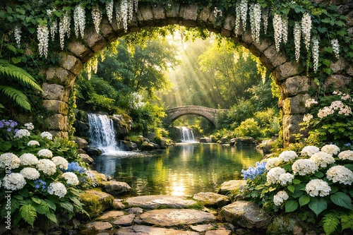 A breathtaking fantasy garden scene featuring a stone arch covered in wisteria, a serene waterfall, a charming bridge, and golden sun rays illuminating the tranquil landscape.